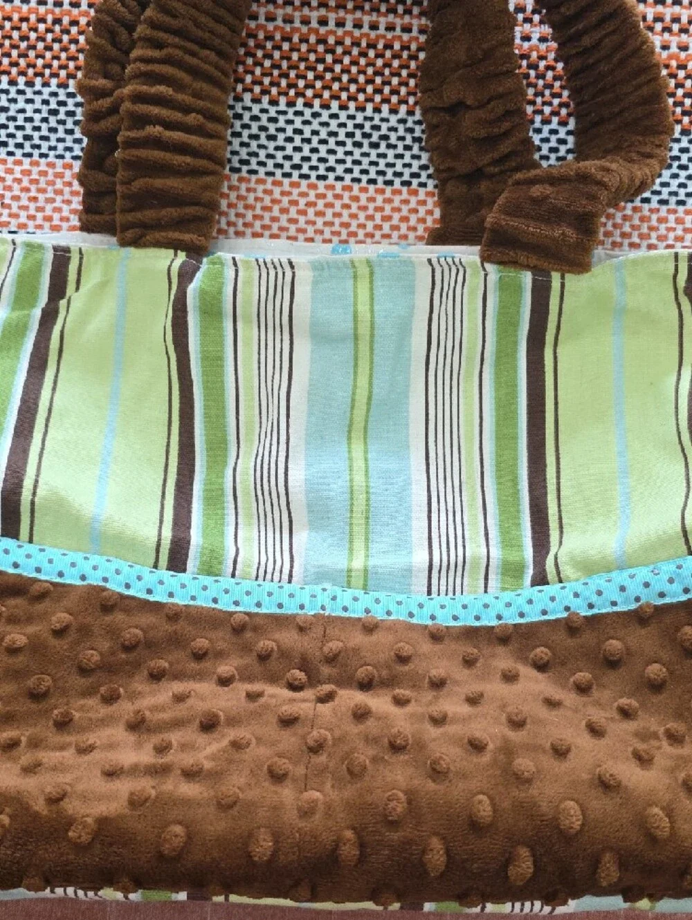 Striped Green and Brown Baby Bag with Blue Accents